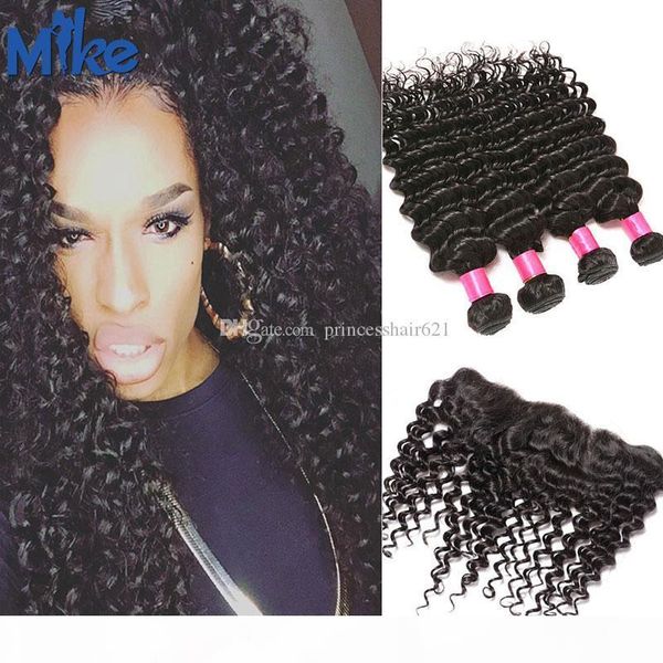 

mikehair human hair weaves with frontal 5pcs lot peruvian brazilian malaysian indian hair deep wave ear to ear lace closure with 4 bundles, Black;brown