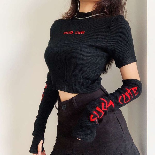 

qianxin new high neck fashion ins fried street embroidery sleeve slim fit t-shirt dark women's autumn, Black;gray