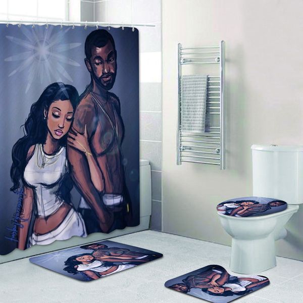 Coppia afroamericana Black Love Afro Art Set tenda da doccia Tenda da bagno Tappetini da bagno Tappeto Tappeto Donna nera Uomo Home Decor 201102