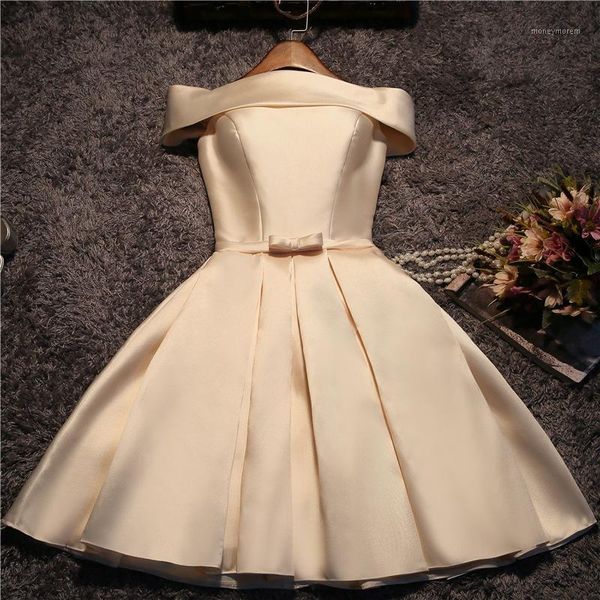

party dresses classic champagne boat neck short evening dress noble satin sleeve off the shoulder vestido de festa l1, White;black