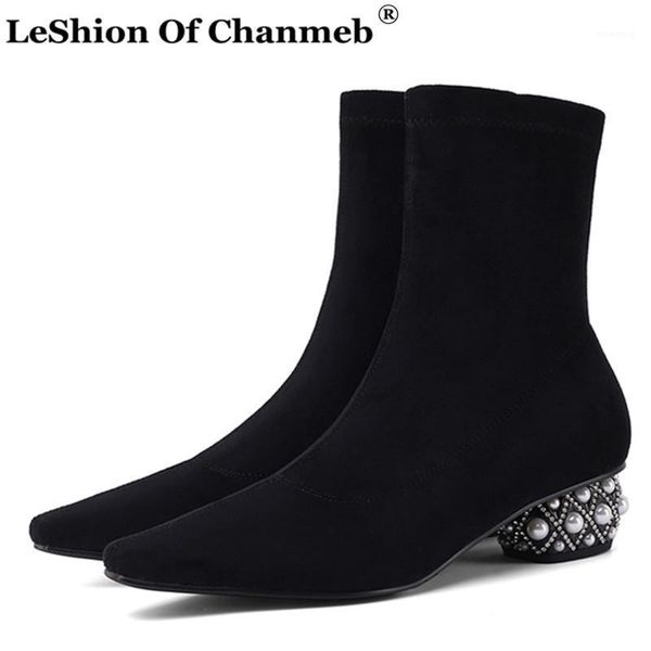 

boots pearls crystal rhinestone round heels ankle women stretch socks short woman fall shoes winter booties footwear1, Black