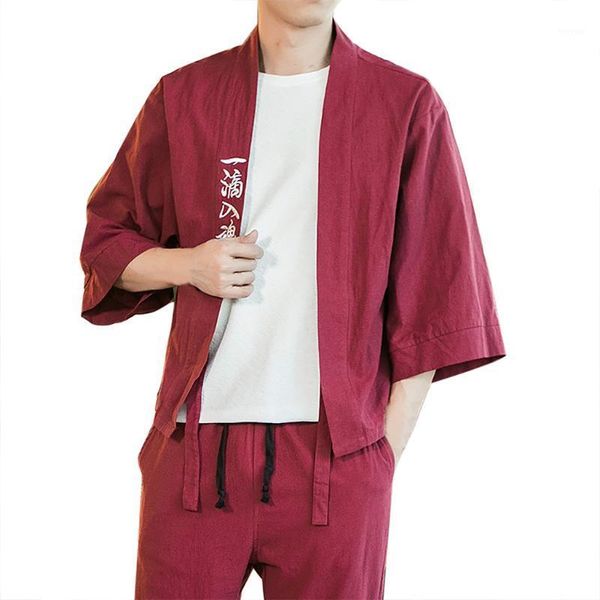 

summer men's shirts cardigan streetwear japanese style national print loose jacket yukata coat baggy red men clothes1, White;black