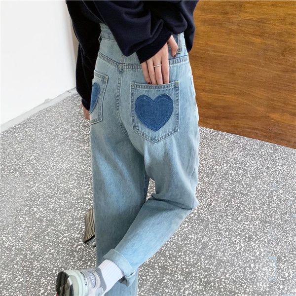 

new jeans for women college style jeans vintage washed harajuku love pattern embroidery loose high waist, Blue