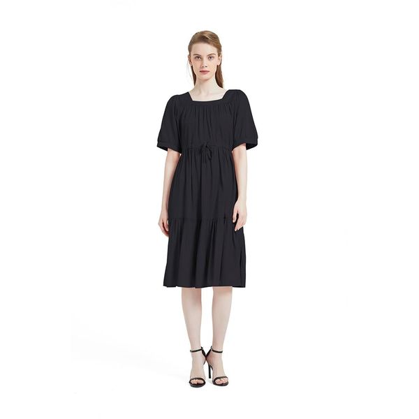 

hepburn style solid color elegant square neck short sleeve dress, Black;white