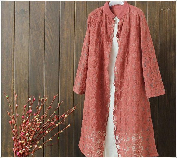 

women's trench coats 2021 women fashion coat retro summer style ladies solid cotton outwear loose long lace for vintage cardigan1, Tan;black