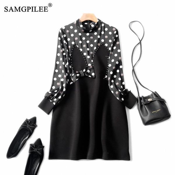 

casual dresses woman clothing winter 2021 a-line dot full sleeve autumn clothes women empire o-neck plus size vintage dress 4xl, Black;gray