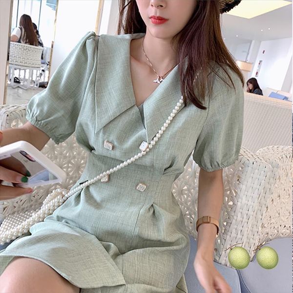 

mishow elegant dress women summer 2021 turn down collar puff sleeve double breasted casual knee length sweety dress mx19b1930 drop shipping, Black;gray