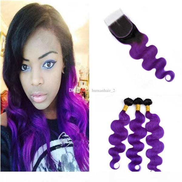 

purple human hair body wave ombre lace closure with bundles 1b purple brazilian virgin hair extension with 4*4 lace closure 4pcs lot, Black;brown