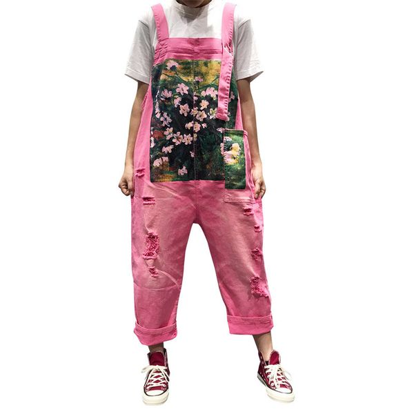 

women's brim pants big-sized bib loose retro-literary print pattern female jeans hole, Black;white