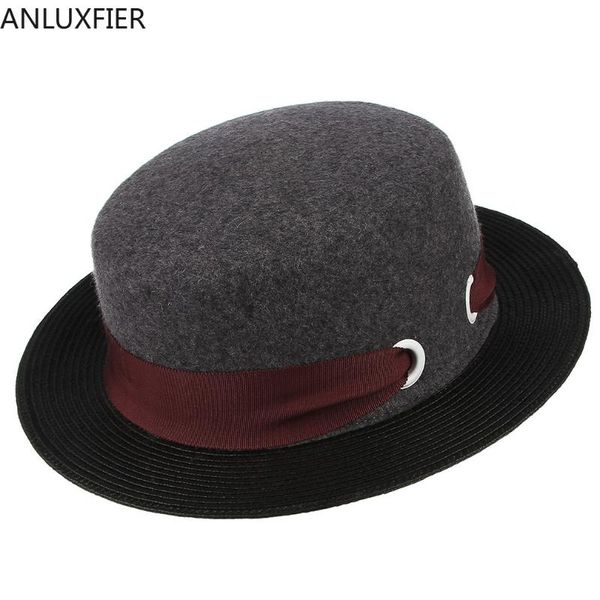 

stingy brim hats h7199 lady wool fedoras hat women color splice rope fashion elegant fedora cap female banquet, Blue;gray