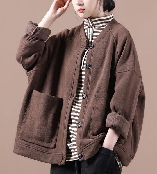 

autumn winter loose fleece coat women solid color pockets full sleeve open stitch casual jacket office lady wild tide, Black;brown