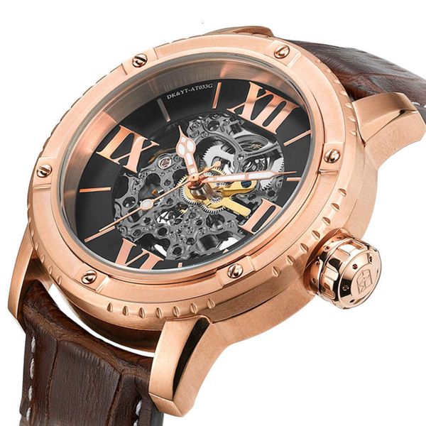 

out carved fully automatic men's hollowed watch leather all stainless steel men's waterproof watch, Slivery;brown