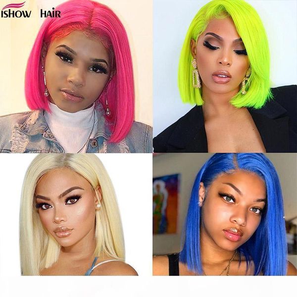 

613 straight bob wig 13x4 short lace front human hair wigs for women 150% pink blue blonde malaysian straight lace front wig, Black;brown