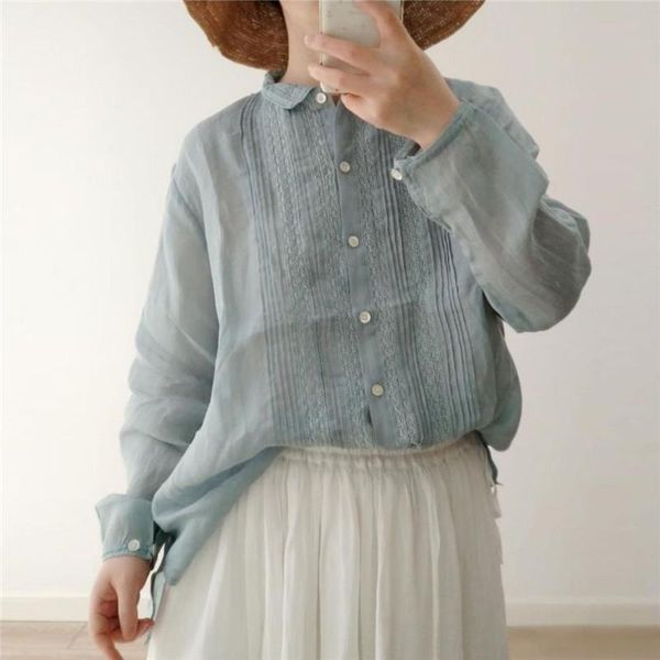 

johnature japanese vintage linen embroidery shirts for women 2020 autumn new solid color turn-down collar female blouses, White