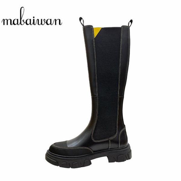 

boots mabaiwan fashion design black knee high for women autumn winter platform elastic band chunky heels shoes long riding