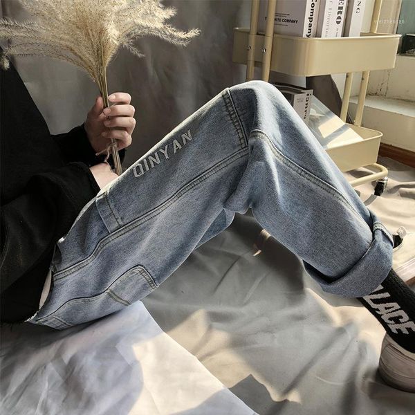 

four seasons embroidery straight men's jeans fashion korean hip hop street style loose casual daddy pants cool men's jeans1, Blue