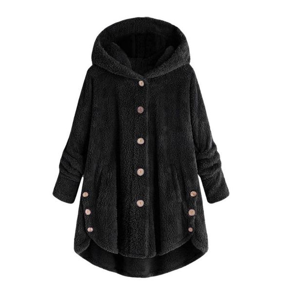 

winter fashion women coat button fluffy tail hooded pullover loose sweater oversize coats warm outwear for female plus size kg-679, Black;brown