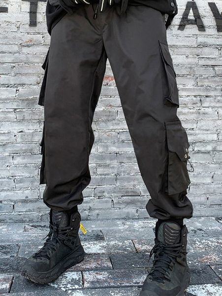 

men grommet eyelet flap pocket cargo pants x2nl#, Black