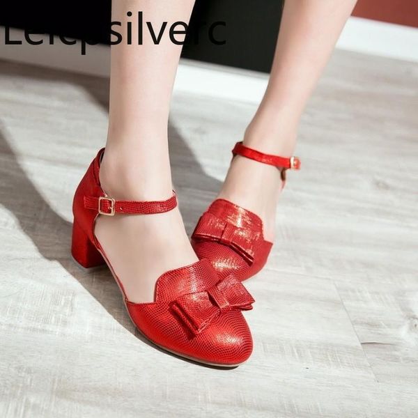 

pumps spring and autumn round head shallow mouth buckle butterfly knot thick heel mid heel women's shoe plus size 31-43, Black