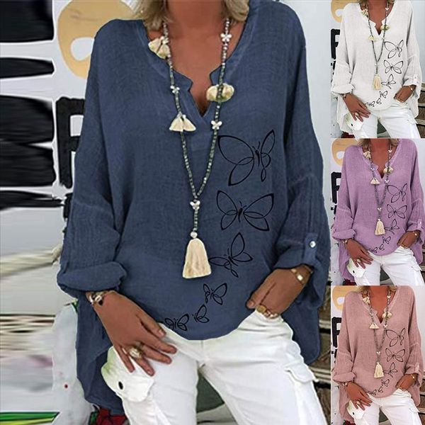 

40 plus size women casual long sleeve butterfly print loose v neck shirt autumn pullover blouse cotton line elegant top, White