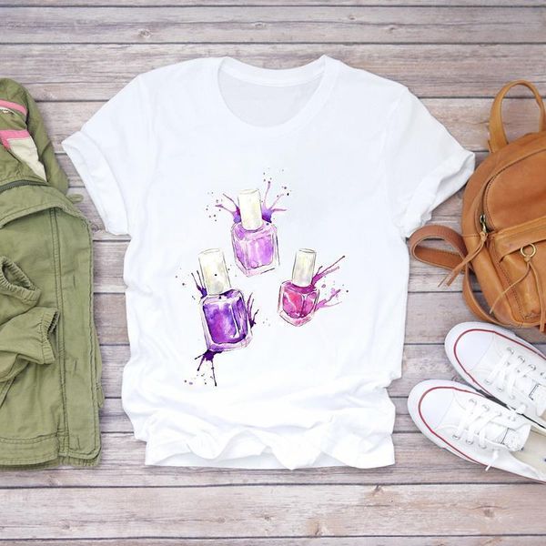 

watercolor nail polish print short sleeve t shirts woman tshirts short sleeve casual white t-shirt basic cotton white tee
