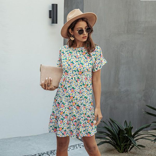 

women elegant floral print o-neck ruffles sleeve mini dress summer 2020 casual loose high waist straight a-line dresses vestidos, Black;gray