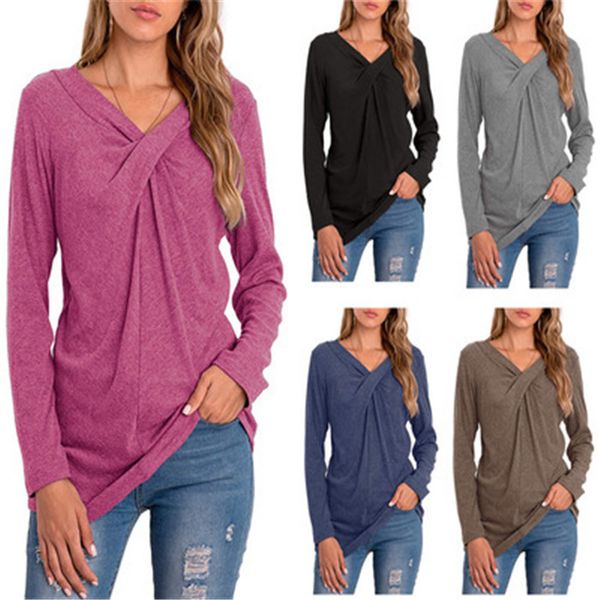 

solid color women tshirts v neck long sleeve casual femme spring autumn fall pullover women t shirts, White