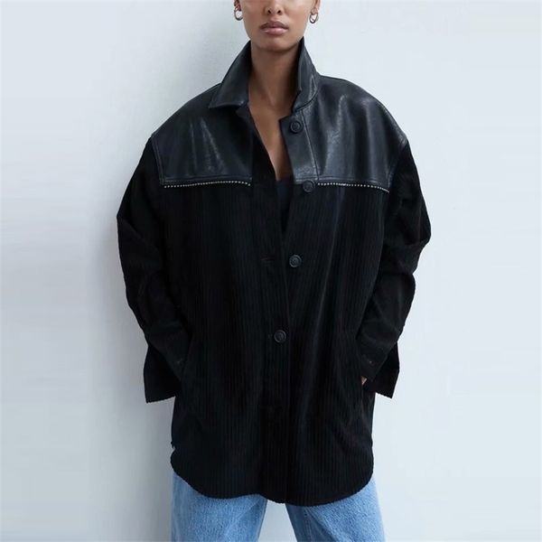 Za mulheres corduroy jaqueta retalhos manga longa supershirt outono inverno plus size casacos pretos casaco longo top 201112