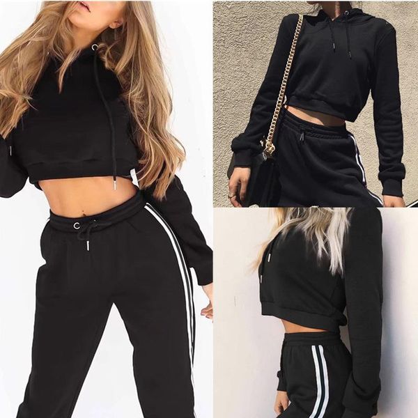 

women's tracksuits winter autumn women's 2 piece sets side stripe crop hoodie+pants sweatshirt sports suit women clothing set1, Gray
