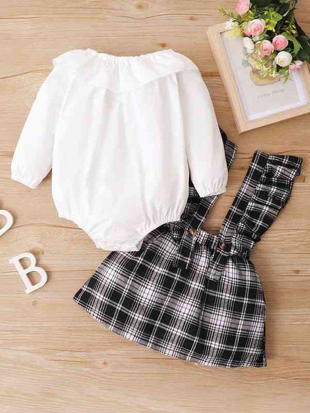 

baby ruffle trim bodysuit & plaid pinafore skirt she, White