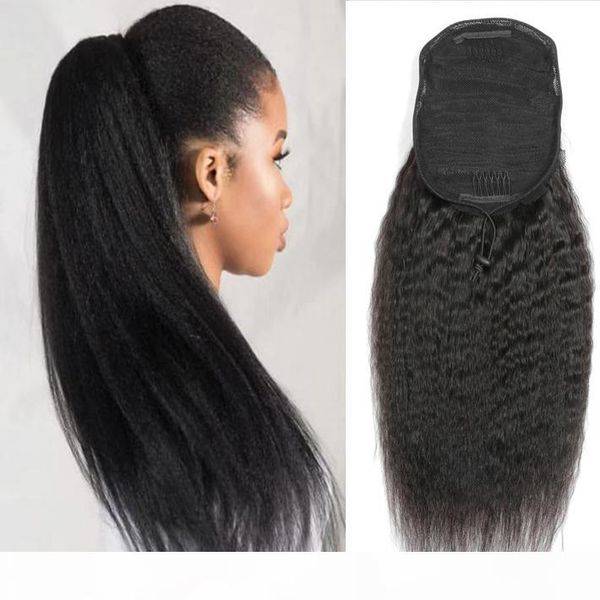 

kinky straight human hair ponytail brazilian virgin ponytail hair extensions with clips in coarse yaki ponytail drawstring for women, Black