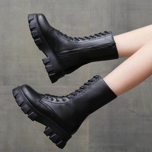 

women's mid-calf boots pu leather lace up platform non slip boot ladies sewing comfort female footwear 2020 new winter #vn3r, Black