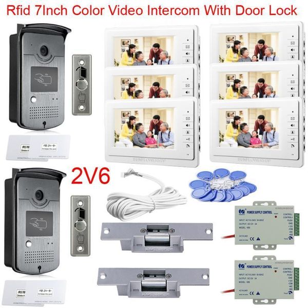 

video door phones rfid cards home intercom 2 doors doorbell with 6 monitors 7inches color electric strike lock full kit for office1