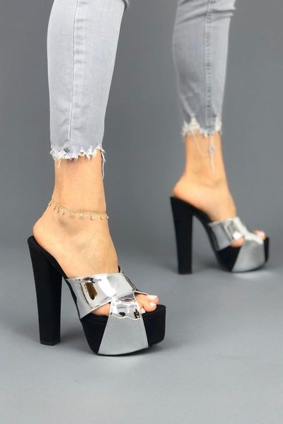 

gold silver mirror women outside casual shoes slippers wedge heel lady suede new season leather shiny leisure party office, Black