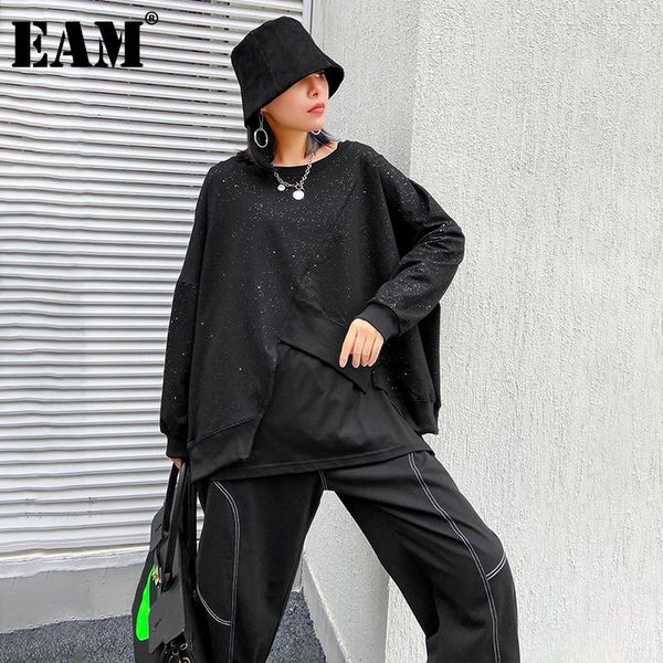

eam] loose fit black irregular sweatshirt new round neck long sleeve women big size fashion tide spring autumn 2021 1dc917