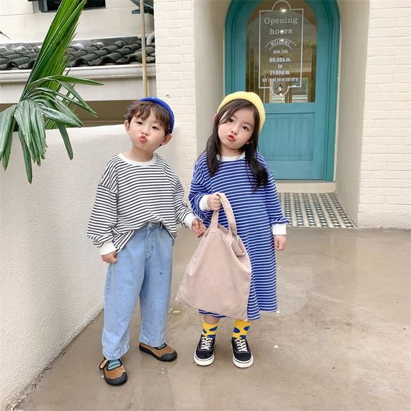 

autumn brother and sister casual striped long sleeve sweatshirts boys short girls long dress lj201128, Blue