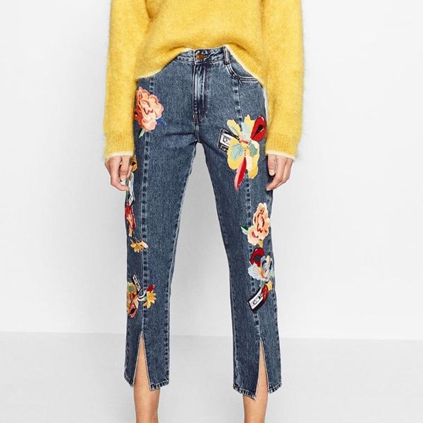 

wholesale- spanish style women jeans front flower patch embroidered denim jeans high waist ankle-length pants trousers1, Blue