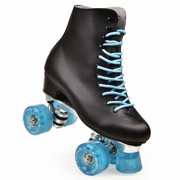 

genuine leather roller skates double line skates black lady black shoes ice blue 4 wheels two line skating shoes patines #kl8r