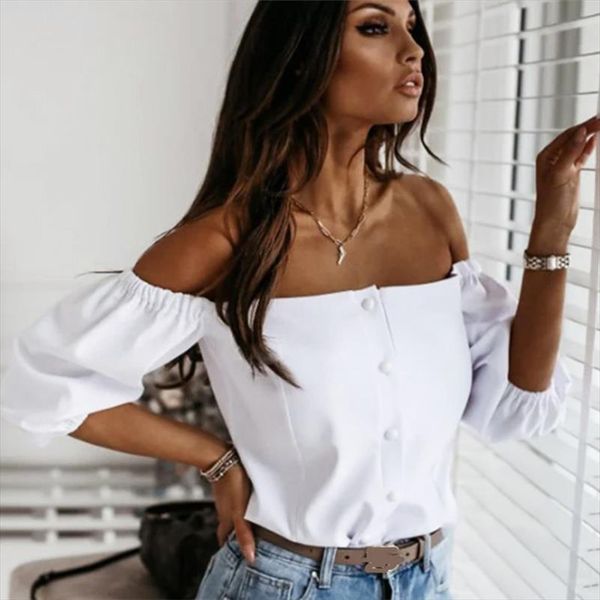 

dabourfeel elegant off shoulder blouse women lantern sleeve fashion shirts office lady button down blouses autumn new, White
