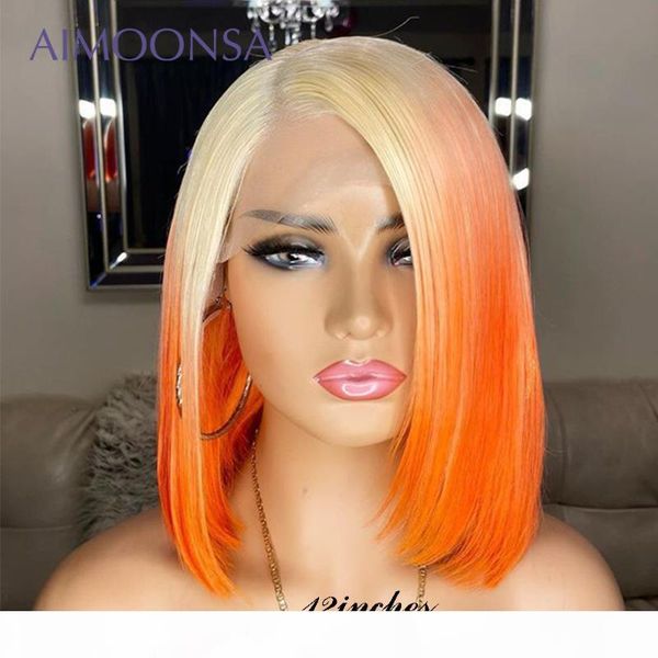

613 orange short bob wigs transparent colored lace front wigs human hair for women 13*6 ombre straight pixiecut wig130%, Black;brown