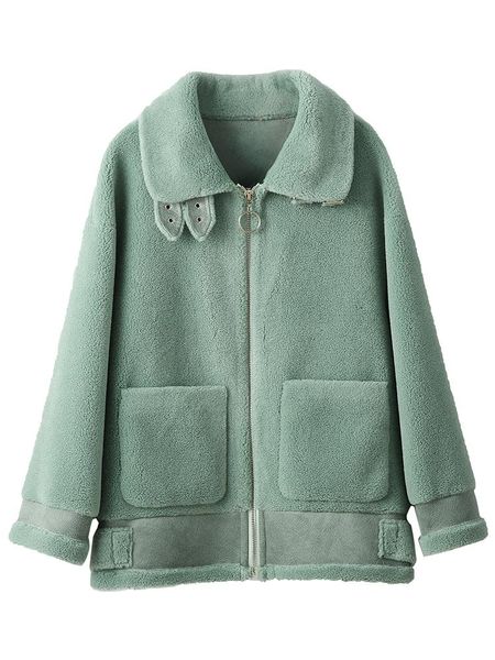 

women's fur & faux big chenille coat leather and in one lalambswool short female 2021 winter style, Black