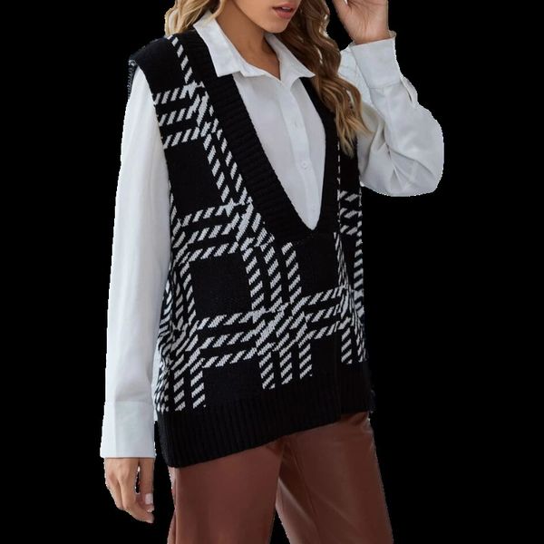 

2021 new womes fashion vintage plaid plunging neck sweater vest girls sleeeveless wasitcoats gilets p4w6, White;black