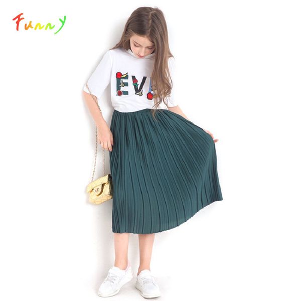 

big girls clothes set 8 10 12 14 years embroidery letter summer t-shirt + skirt 2pcs girl clothing set vetement enfant fille lj200916, White