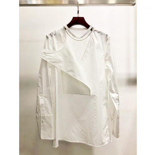 

12.20 elegant 2020 early spring new personality design v-neck chain hollow out decoration temperament blouses1, White