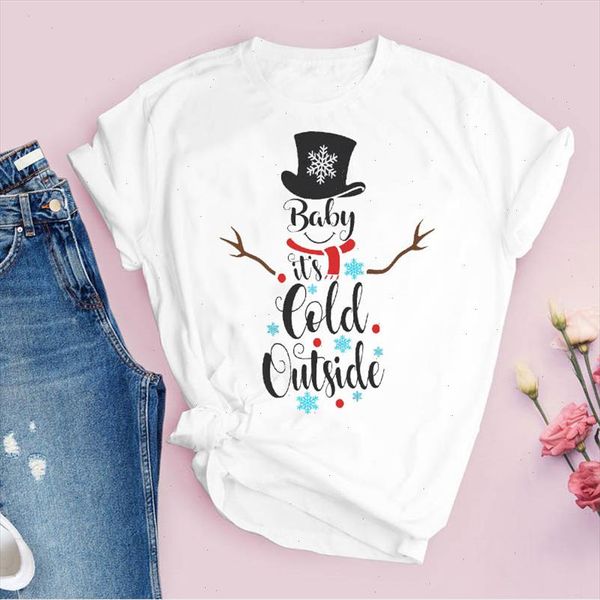

tees for women print snowman snowflake cute 90s holiday christmas clothes lady clothing female t shirt graphic t shirt, White