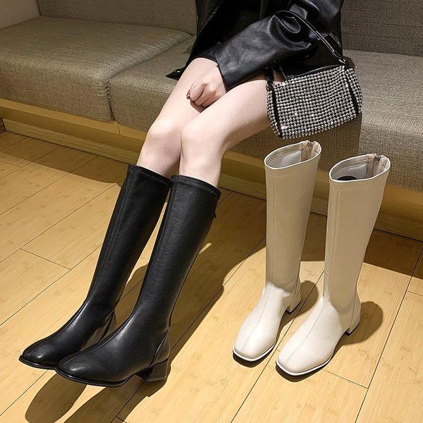 

med heel boots white shoes zipper boots-women ladies rubber high heel over-the-knee 2020 square toe short plush solid pu basic, Black