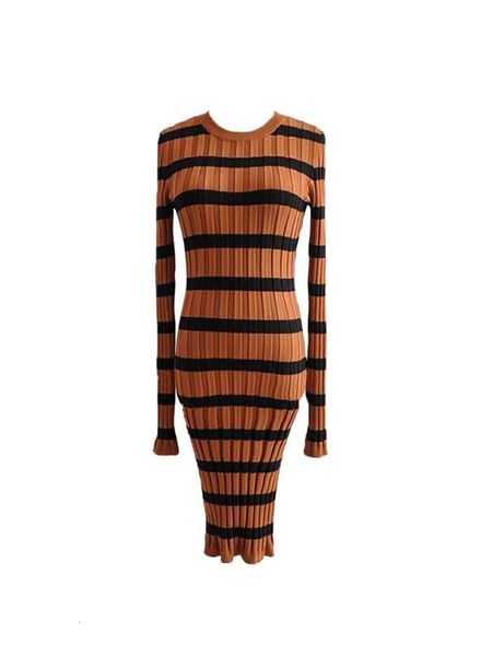 

2021 new autumn vintage striped-brown elastic striped fashion mesh tightly knit long sleeves mini women's dress ncxo, Black;gray