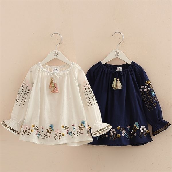 

spring autumn 2-10 years cotton navy blue white long flare trumpet sleeve embroidery baby kids girls tassels blouses shirt y200704, White;black