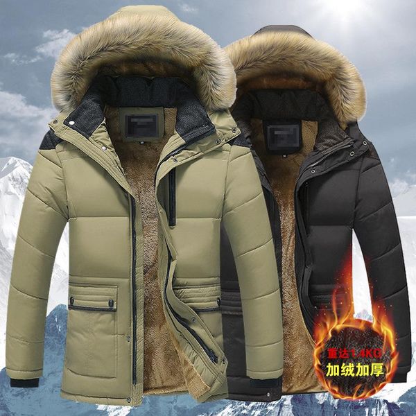 

men's down & parkas cotton padded clothes coat jacket detachable wool collar thickened medium length, Black