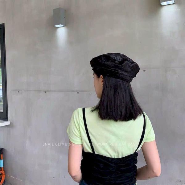 

beret hat korean version of spring and autumn simple wild pure color velvet female retro british fashion painter hat octagonal1, Blue;gray